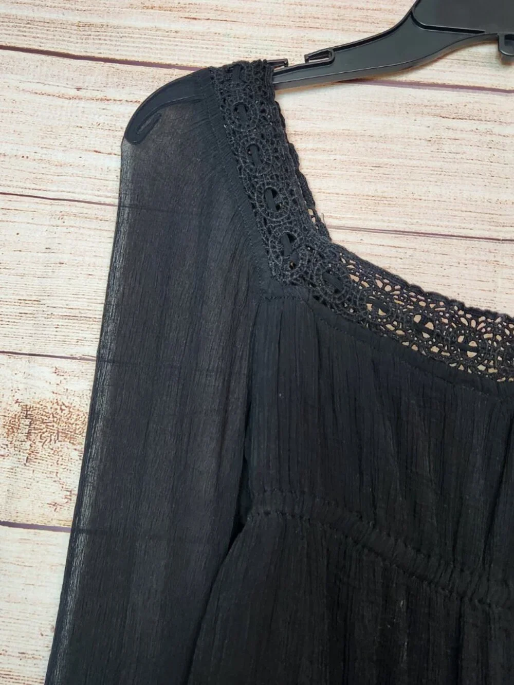 Free People Chiffon Lace Bogemian Crochet Trim Blouse Black Tunic Women's XS/TP